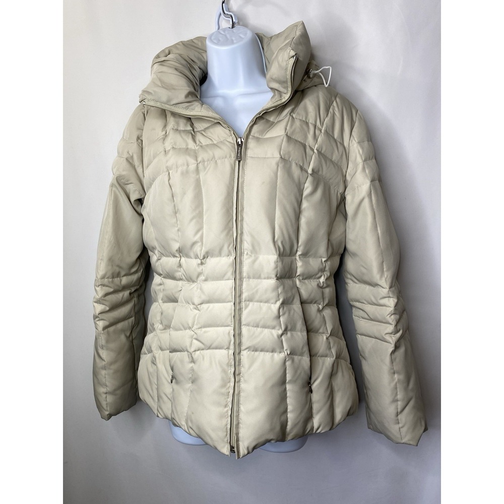Calvin Klein Jacket Woman Medium White Hooded Goose Down Puffer Full Zip Coat